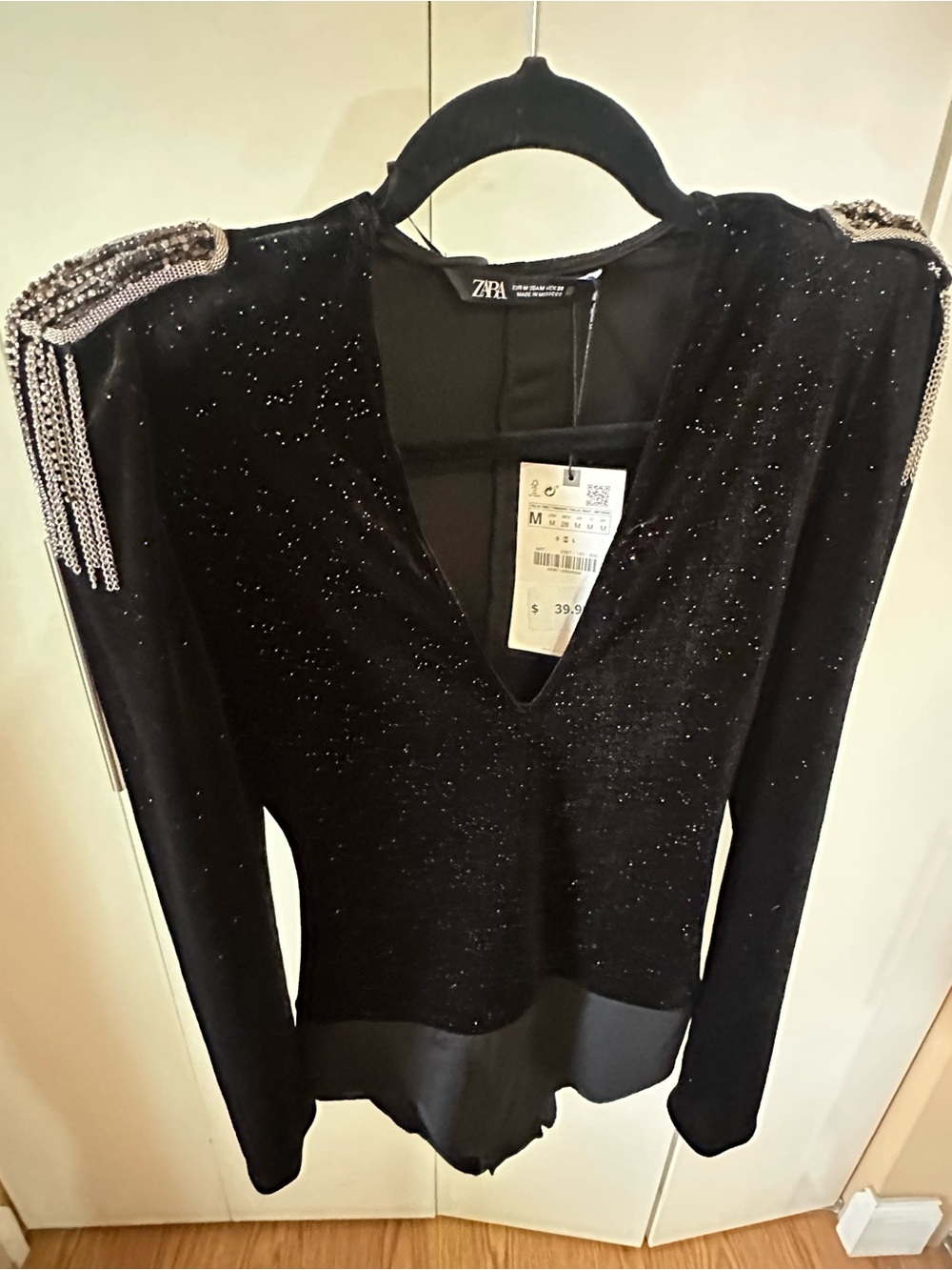 Zara Black Glitter V-Neck Top with Chain Fringe Shoulders